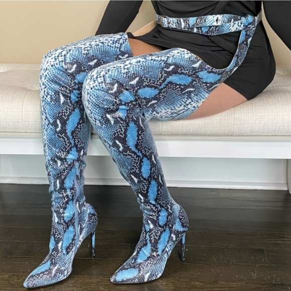 Thigh-High Harness Snakeskin Print Boots - Picture 1 of 3